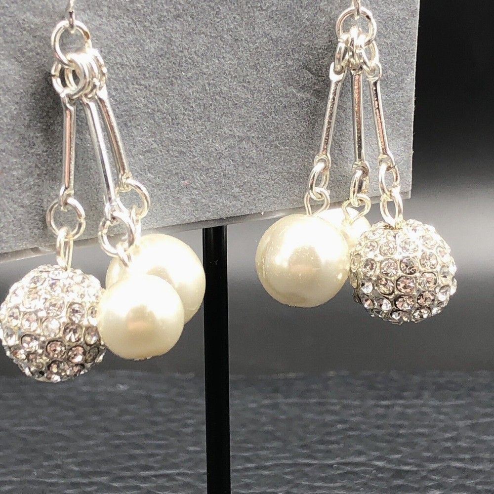 Talbots Earrings Faux Pearl Pave CZ Ball Cluster Drop Silver Tone Dangles NWT